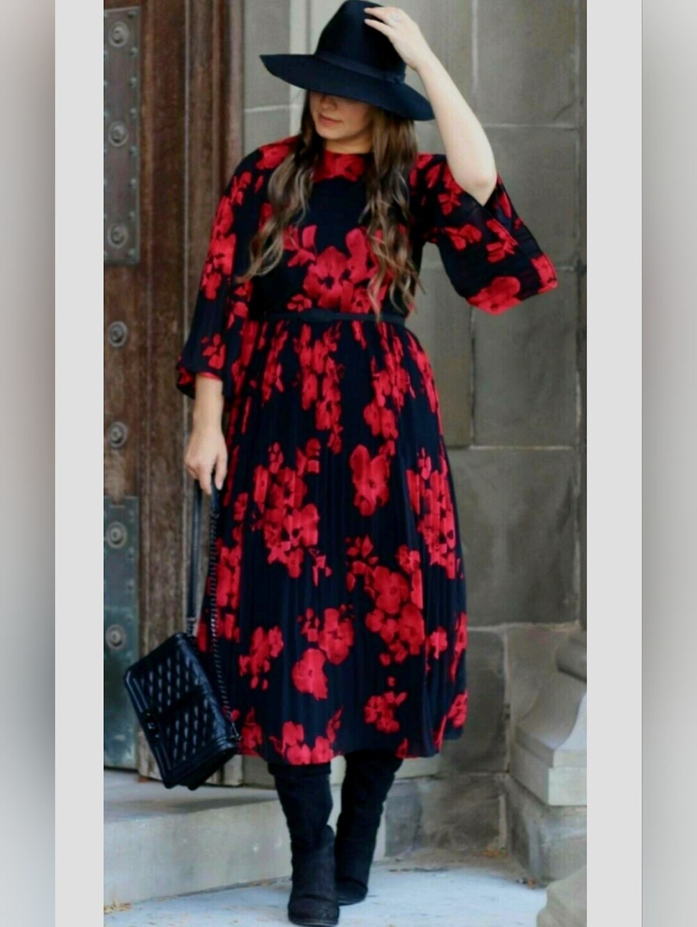 H&M Sheer Floral Black Red Pleated Party Wedding Guest Vacation Midi Dress